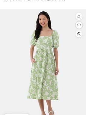 Time and Tru Green and White Floral Square-Neck Midi Dress